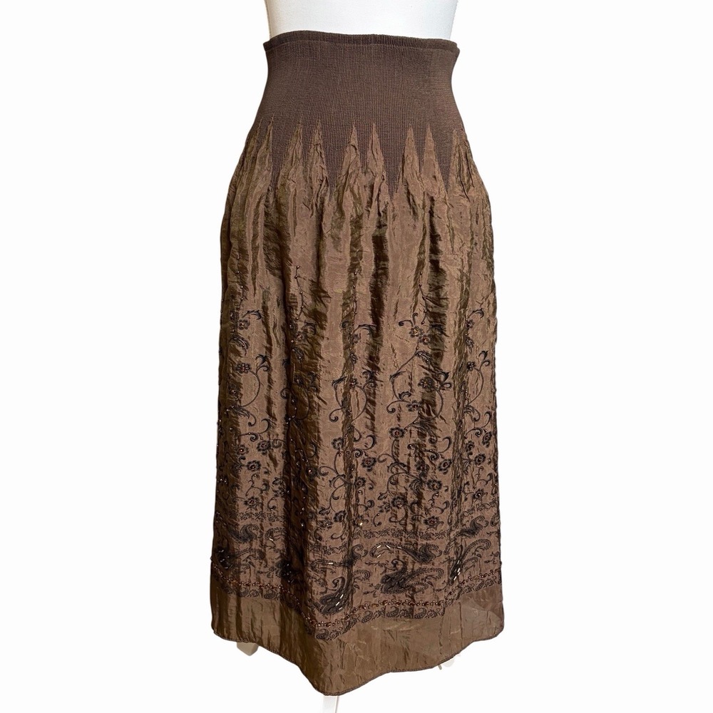 Vintage Lapis Whimsigoth Skirt OS/M Brown Beaded Embroidered Fairy Boho Midi - Picture 3 of 13